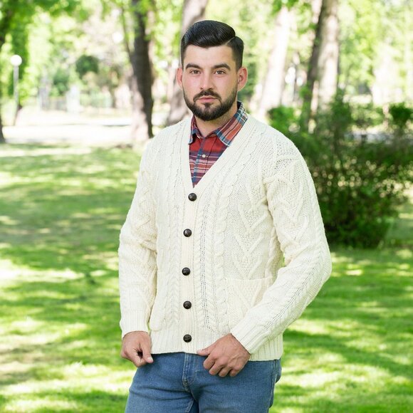 SAOL Merino Wool Men's V Neck Cable Cardigan, Natural, Men Size XXXL, NWT - Picture 1 of 4